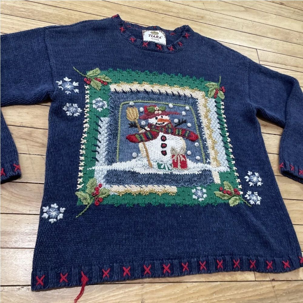 TIARA PETITES Christmas Sweater Womens M Ramie Linen Knit Blue Snowman Holiday M - Picture 15 of 16